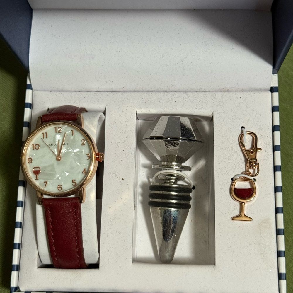 NIB Sailor Jane Wine Lover Watch Gift Set Wine Stopper Wine Charm Boxed Novelty
